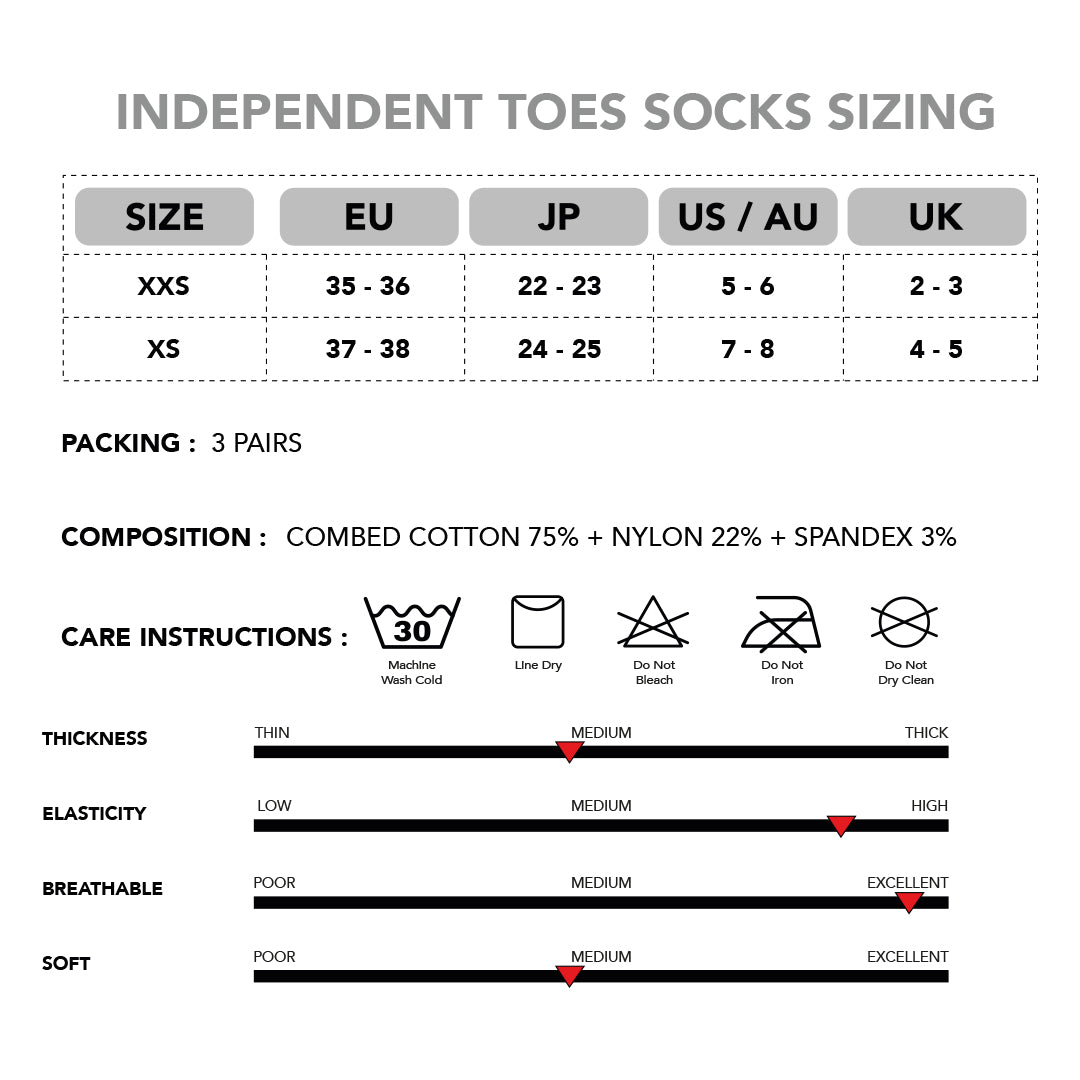 Size chart for independent toe socks with international sizing