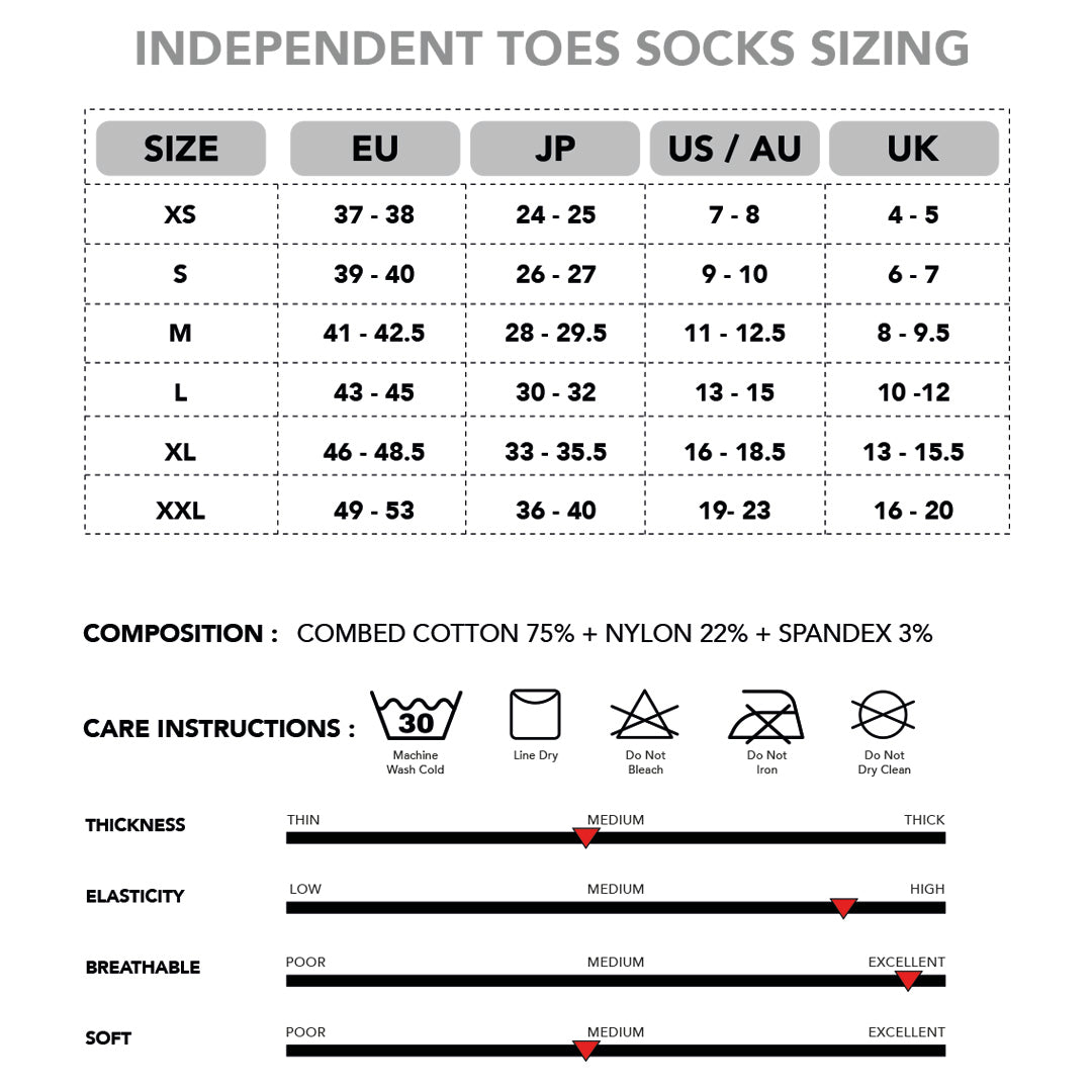 Sizing chart for Independent Toes socks with conversion table and care instructions.