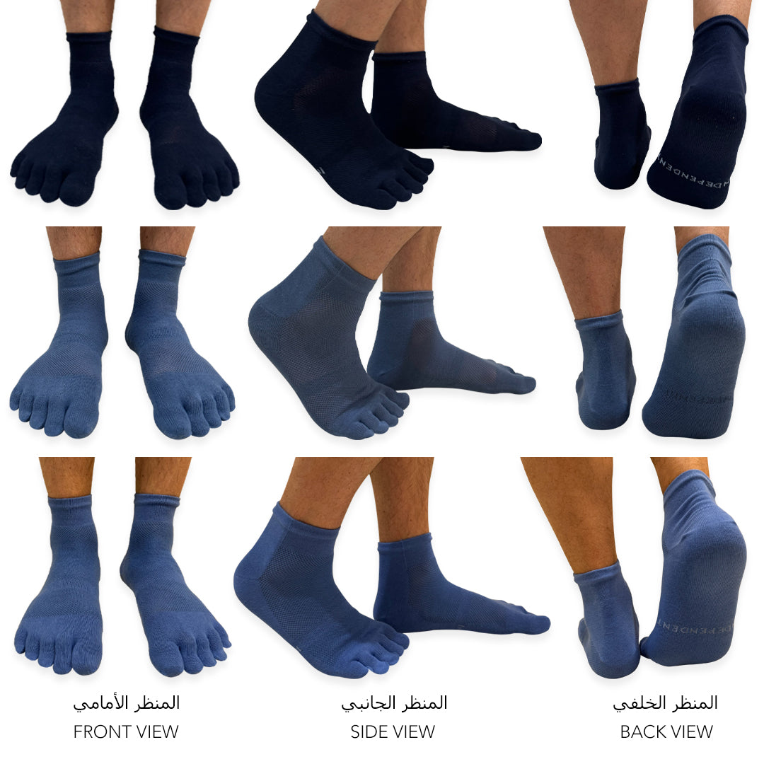 Blue high-ankle toe socks worn to reduce friction and moisture