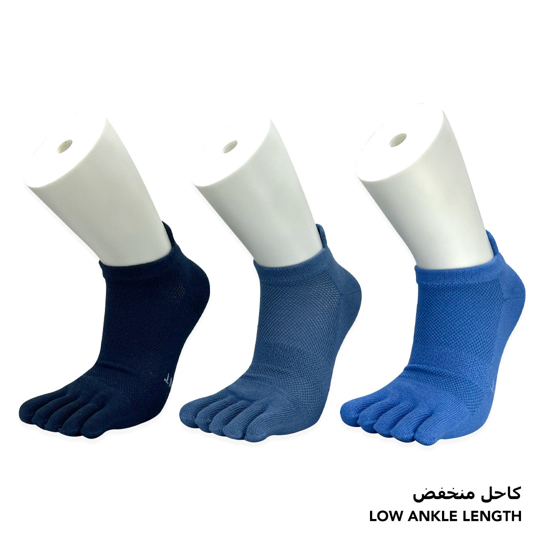 Blue low-ankle toe socks for men and boys in navy, mid blue, and light blue