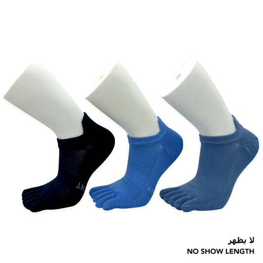 Blue no-show toe socks for men and boys in navy, mid blue, and light blue