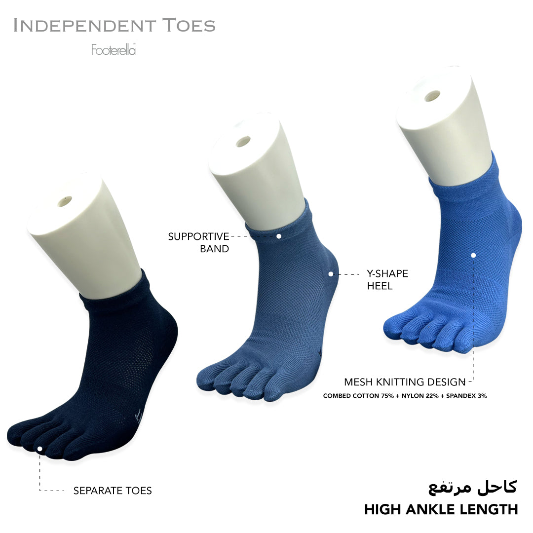 Breathable blue high-ankle toe socks with combed cotton material