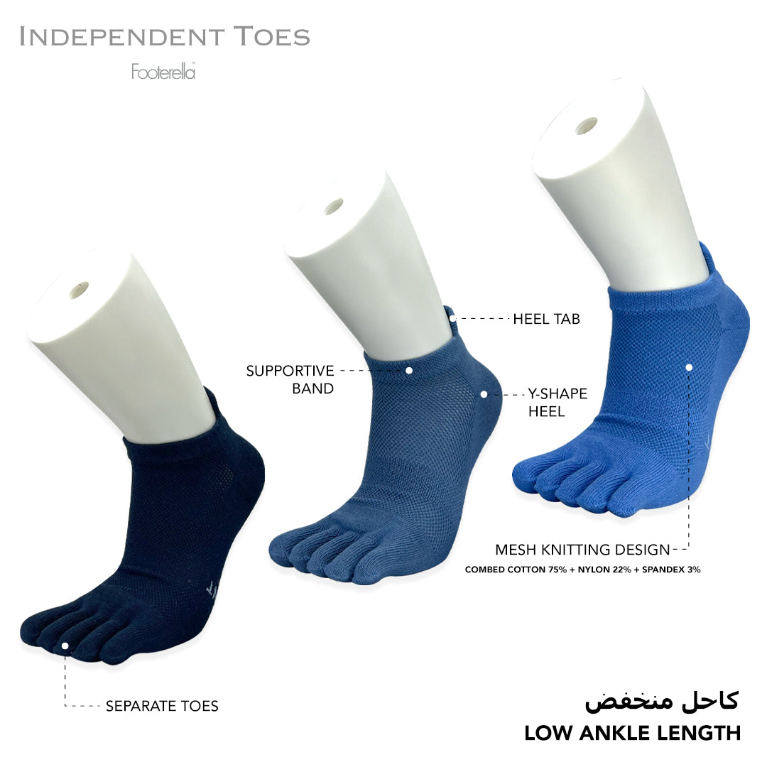 Breathable blue low-ankle toe socks with combed cotton material