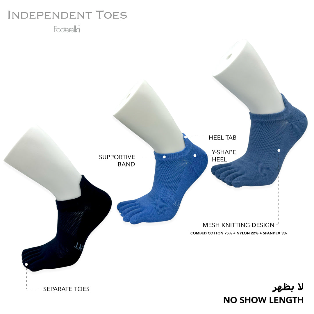 Breathable blue no-show toe socks with combed cotton material