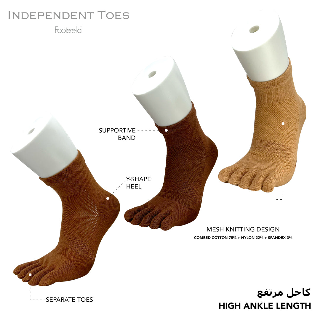 Breathable brown high-ankle toe socks with combed cotton material