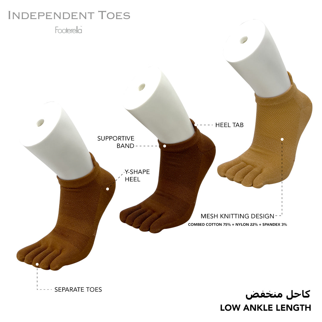 Breathable brown low-ankle toe socks with combed cotton material