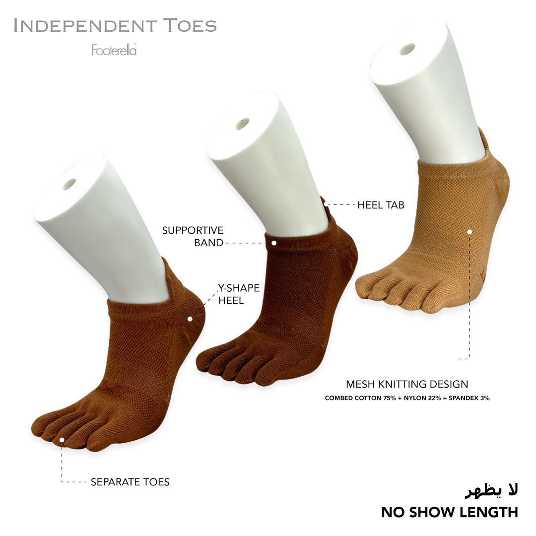 Breathable brown no-show toe socks with combed cotton material