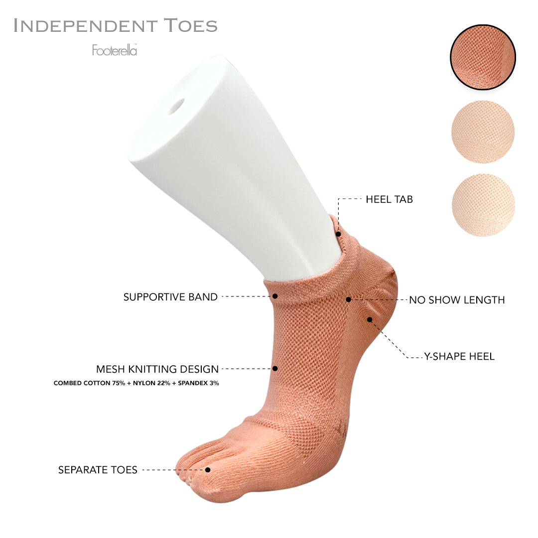 Breathable dark peach no-show toe socks with combed cotton material