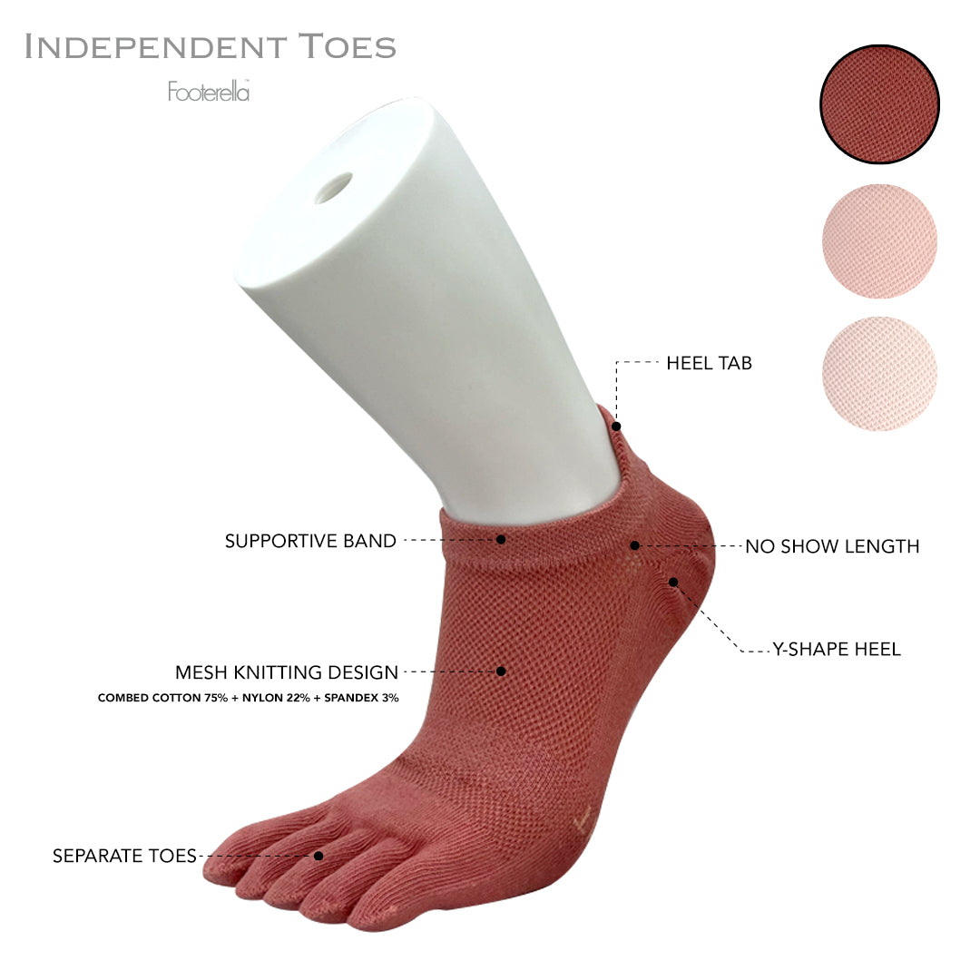 Breathable dark pink no-show toe socks with combed cotton material