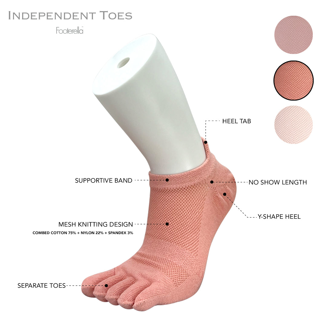 Breathable light pink no-show toe socks with combed cotton material