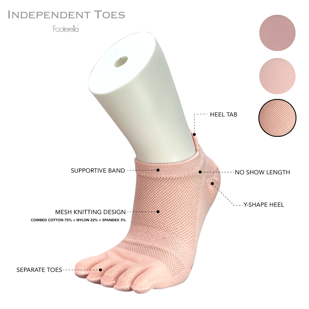 Breathable pink no-show toe socks with combed cotton material