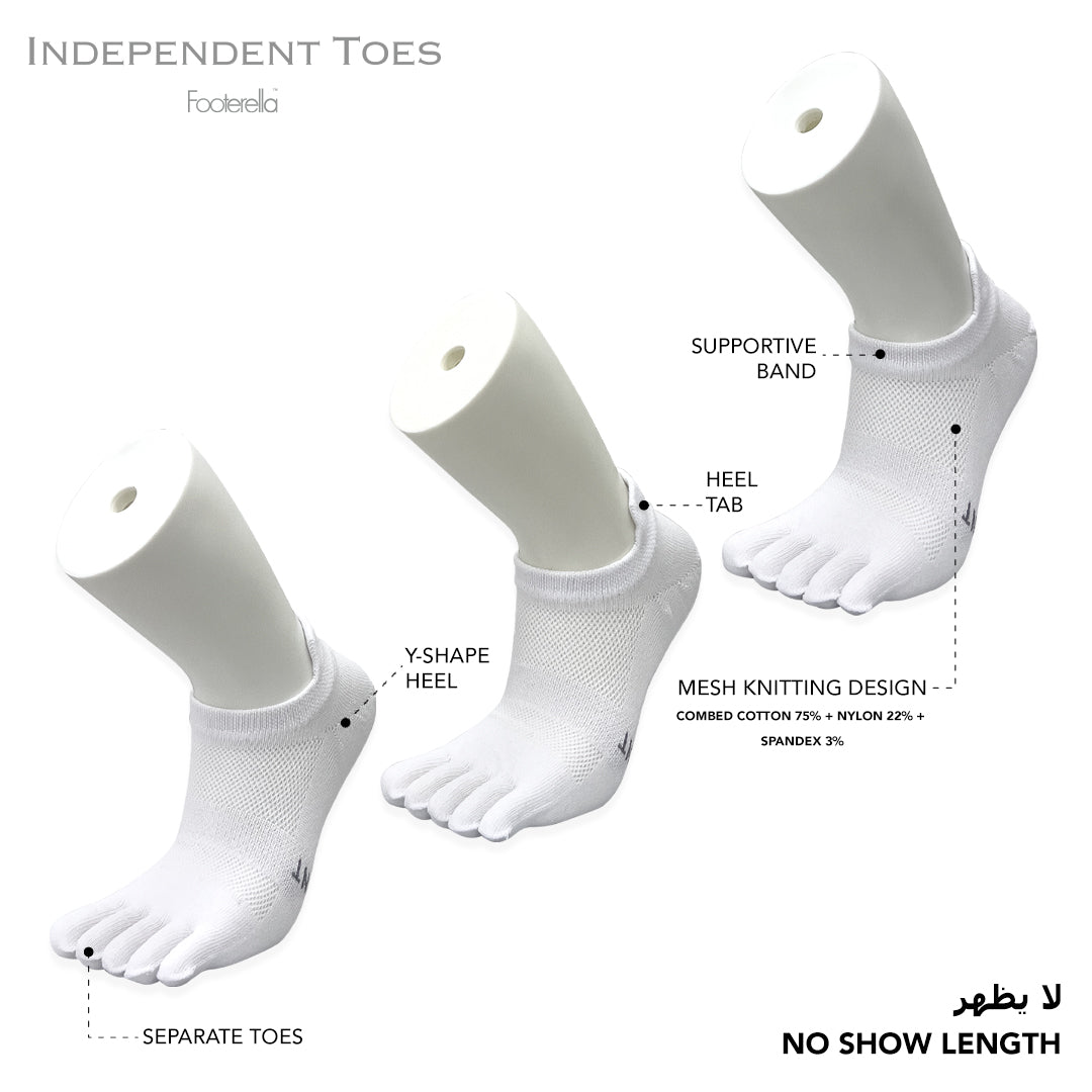 Breathable white no-show toe socks with combed cotton material