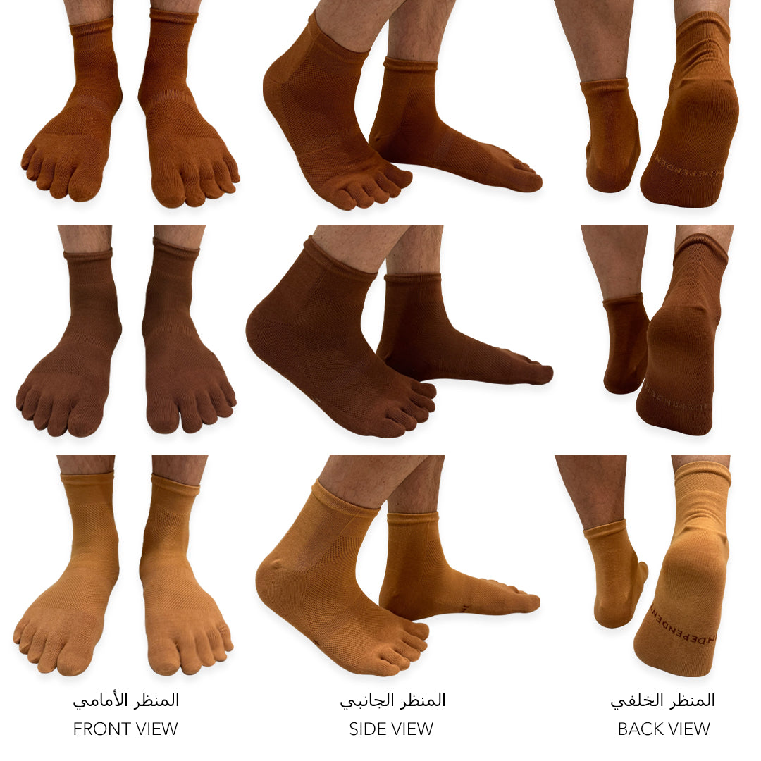 Brown high-ankle toe socks worn to reduce friction and moisture