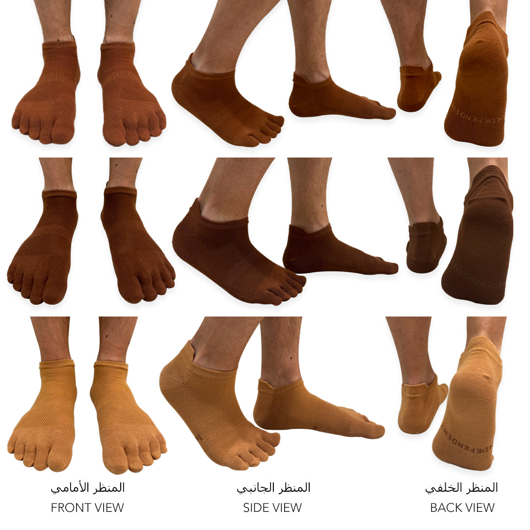 Brown low-ankle toe socks worn to reduce friction and moisture