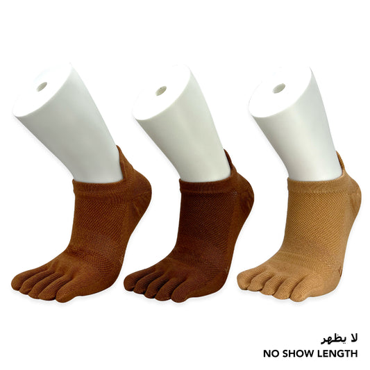 Brown no-show toe socks for men in vicuna brown, mid brown, and light vicuna