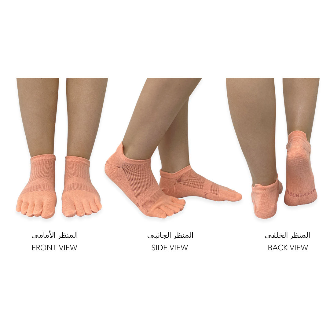Dark Peach no-show toe socks worn to reduce friction and moisture