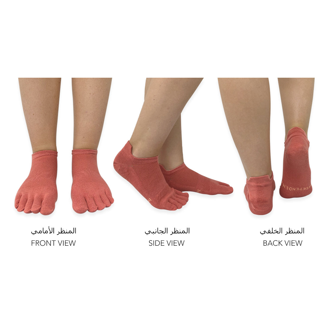 Dark Pink no-show toe socks worn to reduce friction and moisture