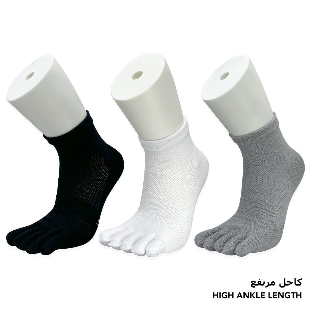 Essential high-ankle toe socks for boys in grey, black, and white