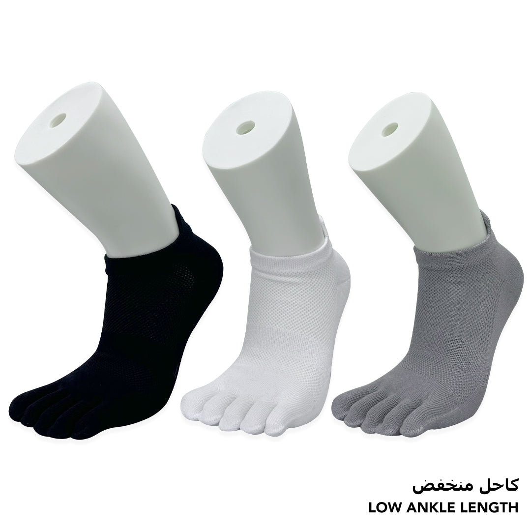 Essential low-ankle toe socks for boys in grey, black, and white