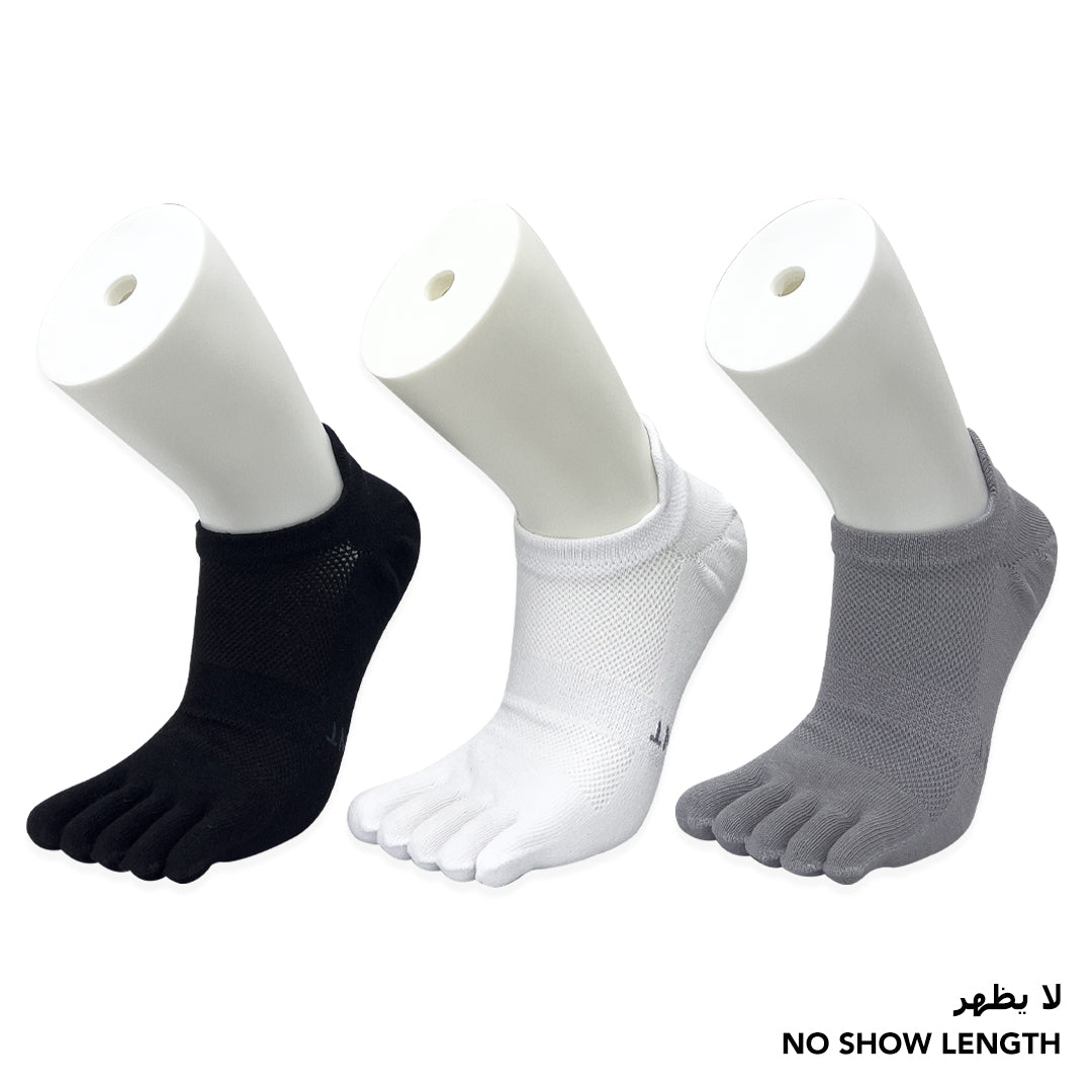 Essential no-show toe socks for men and boys in grey, black, and white