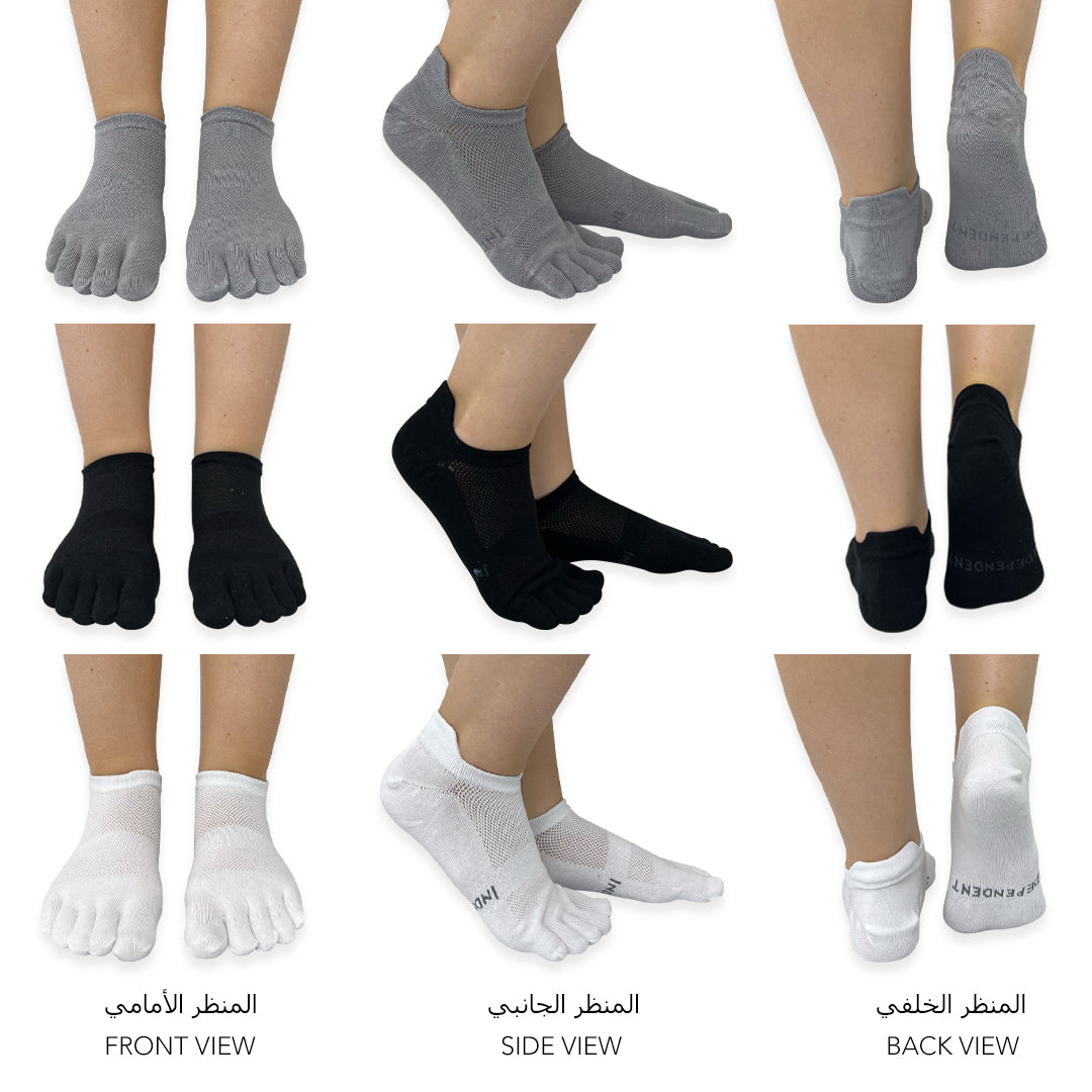 Essential no-show toe socks worn to reduce friction and moisture