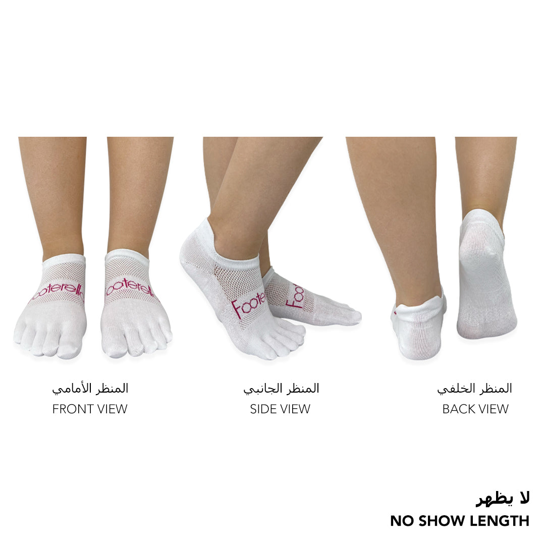 Footerella no-show toe socks worn to reduce friction and moisture