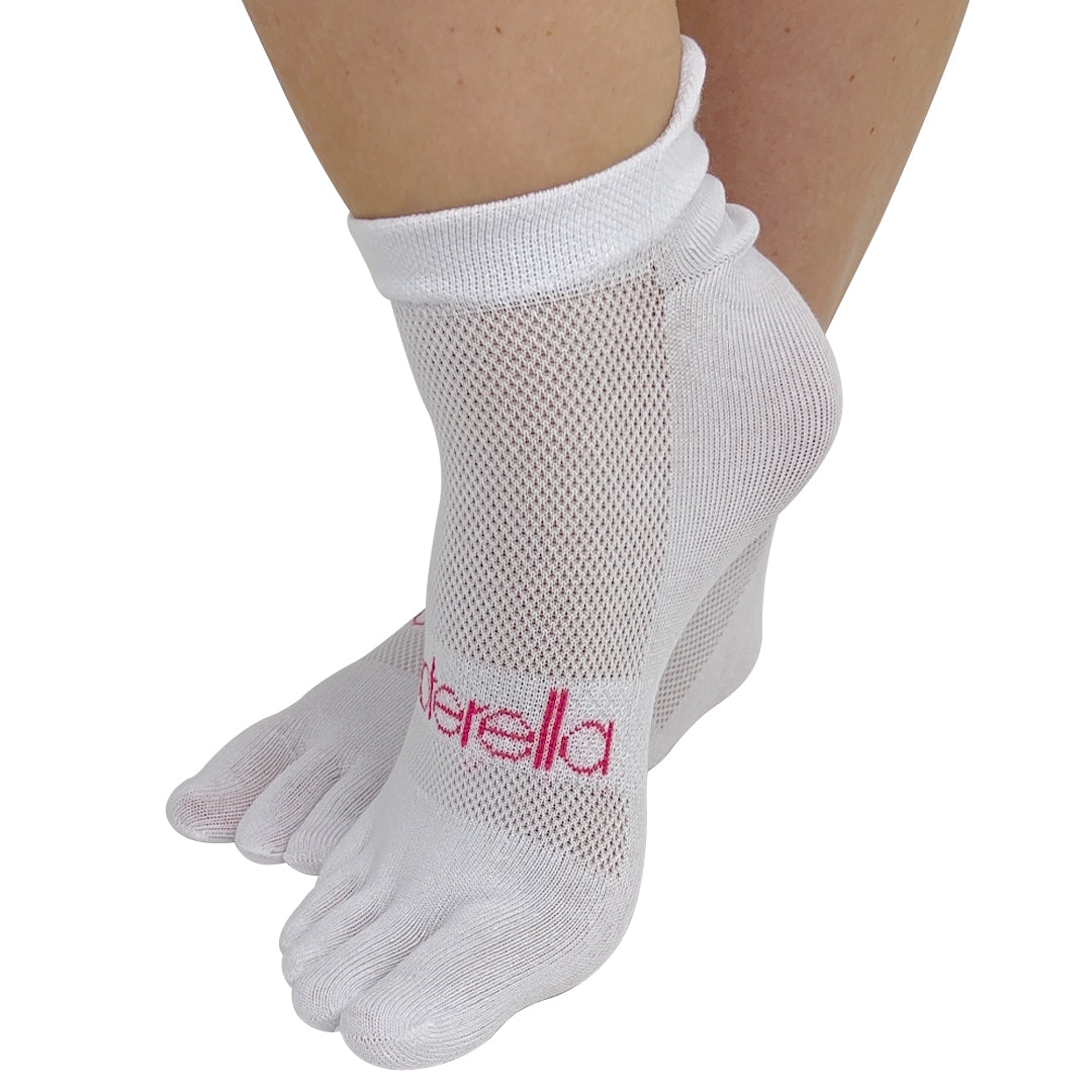 A pair of white low ankle toe socks with the brand 'FOOTERELLA' printed on the side, designed to be worn on the feet to promote straight toes and better toe alignment.