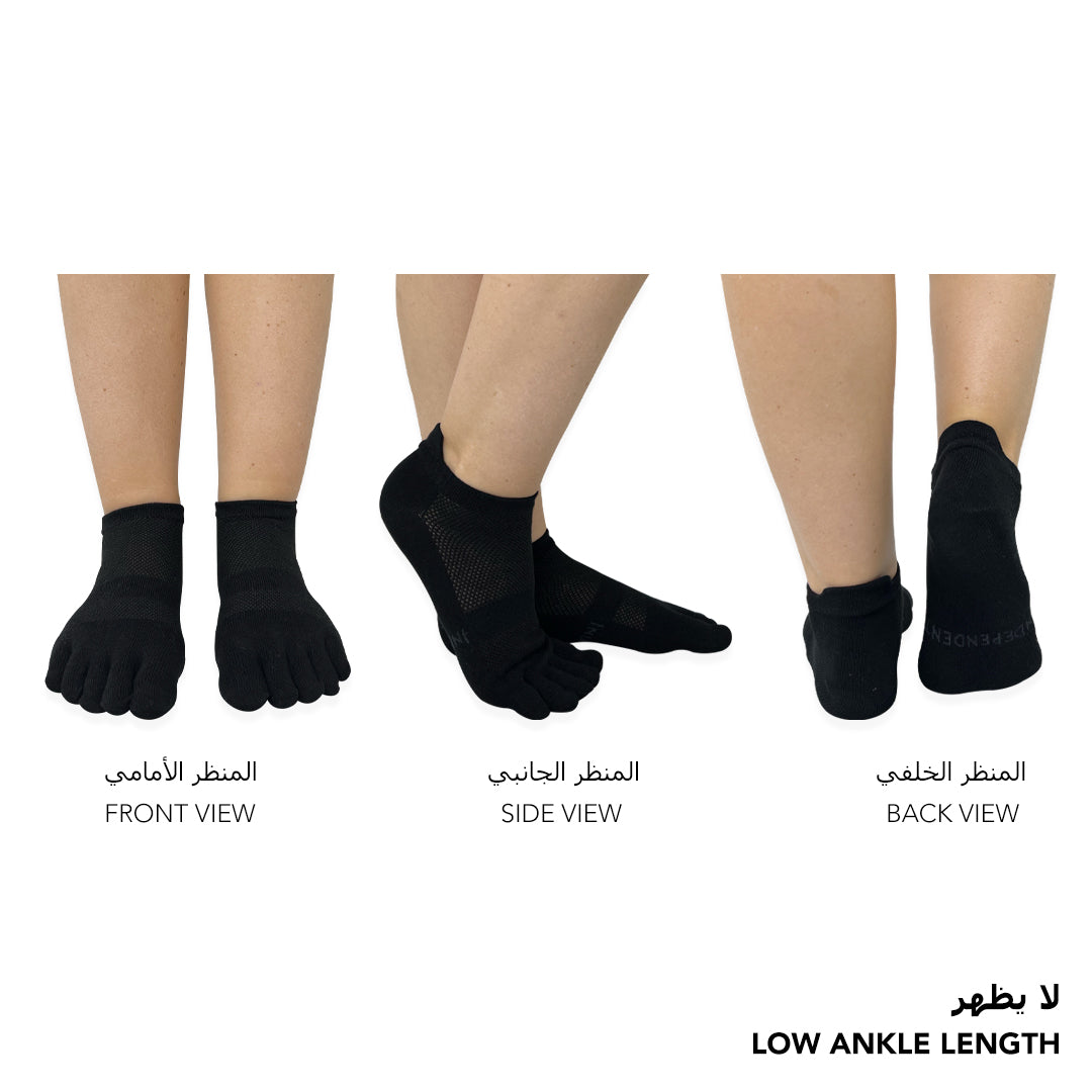 Independent black low-ankle toe socks worn to reduce friction