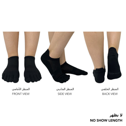 Independent black no-show toe socks worn to reduce friction