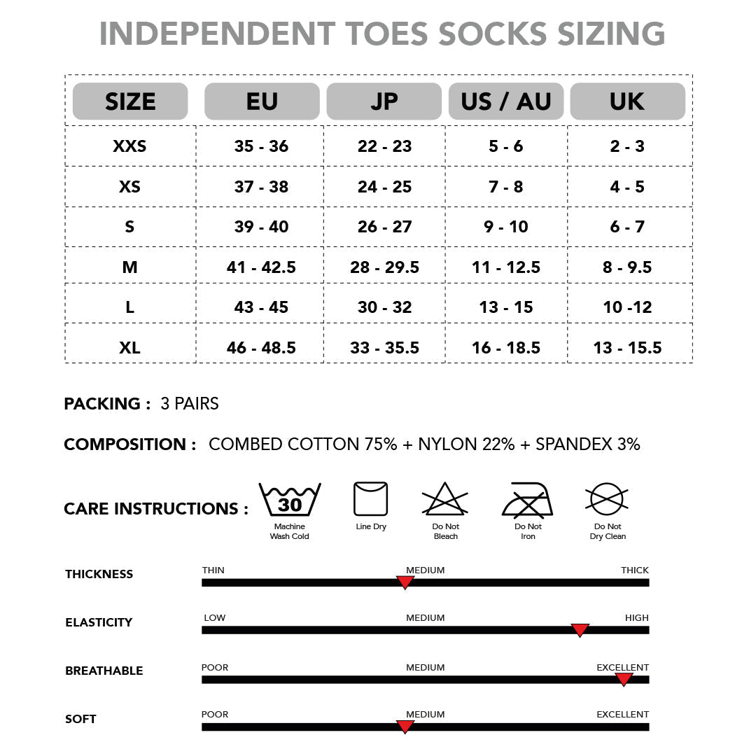 Size chart for independent toe socks with international sizing