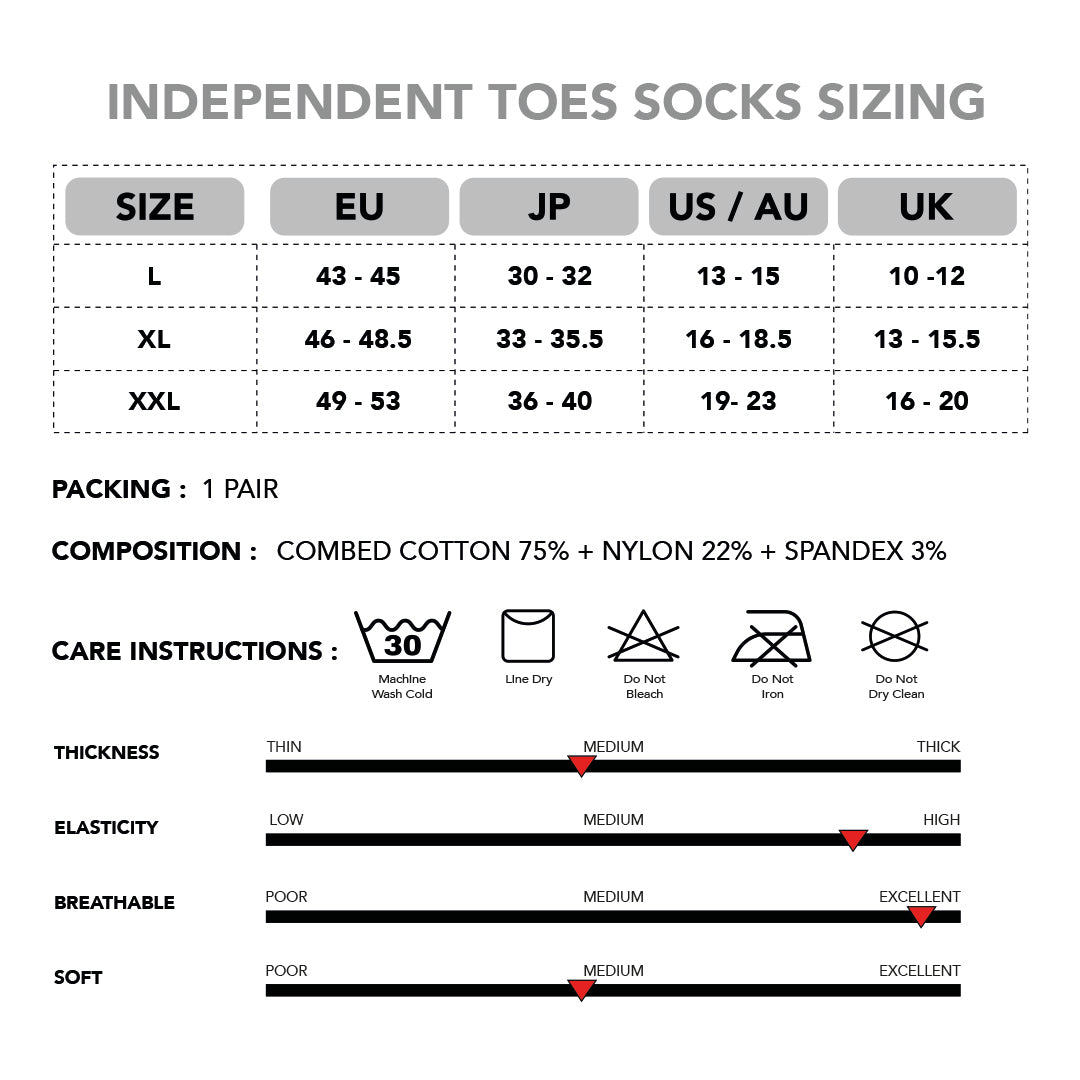 Independent toe socks size chart showing EU, US, UK, and JP sizing for men 