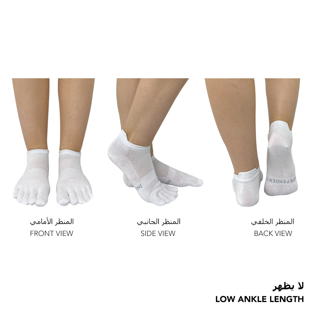 Independent white low-ankle toe socks worn to reduce friction