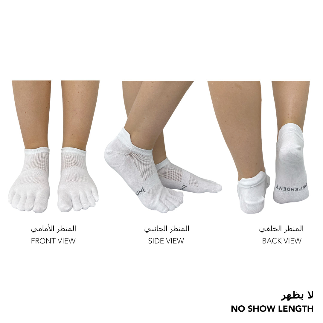 Independent white no-show toe socks worn to reduce friction