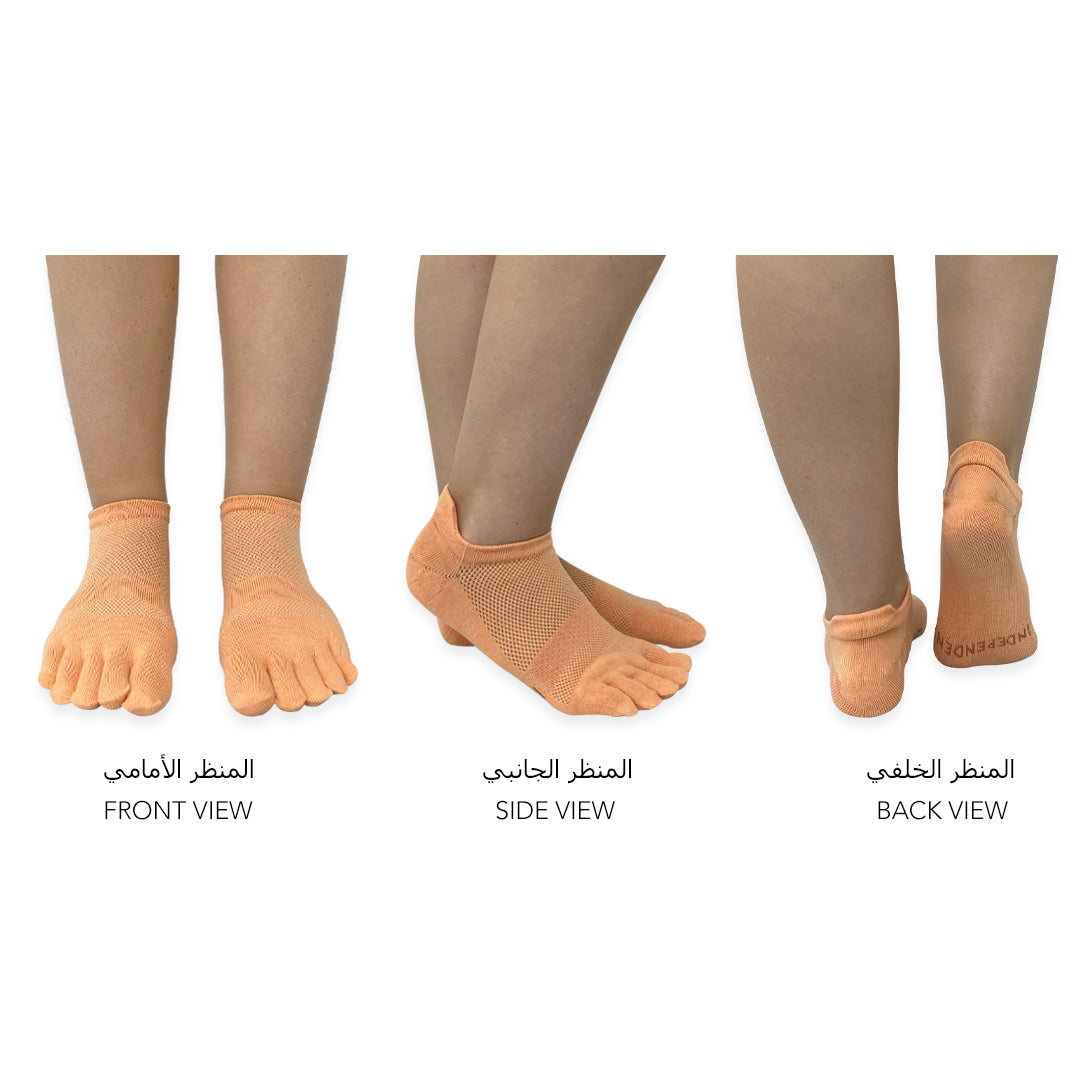 Light Peach no-show toe socks worn to reduce friction and moisture