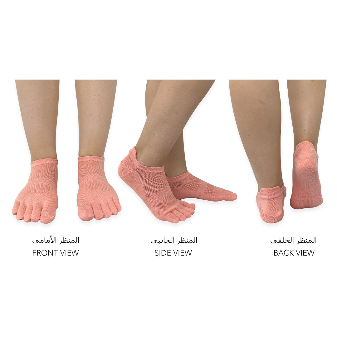 Light Pink no-show toe socks worn to reduce friction and moisture