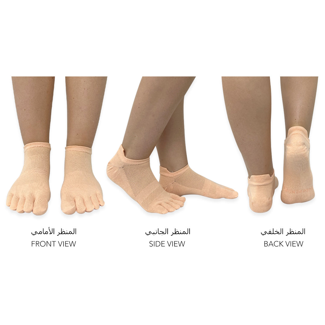 Peach no-show toe socks worn to reduce friction and moisture