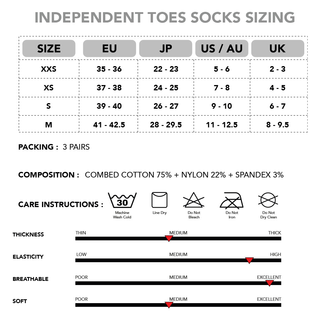 Size chart for essential toe socks with international sizing