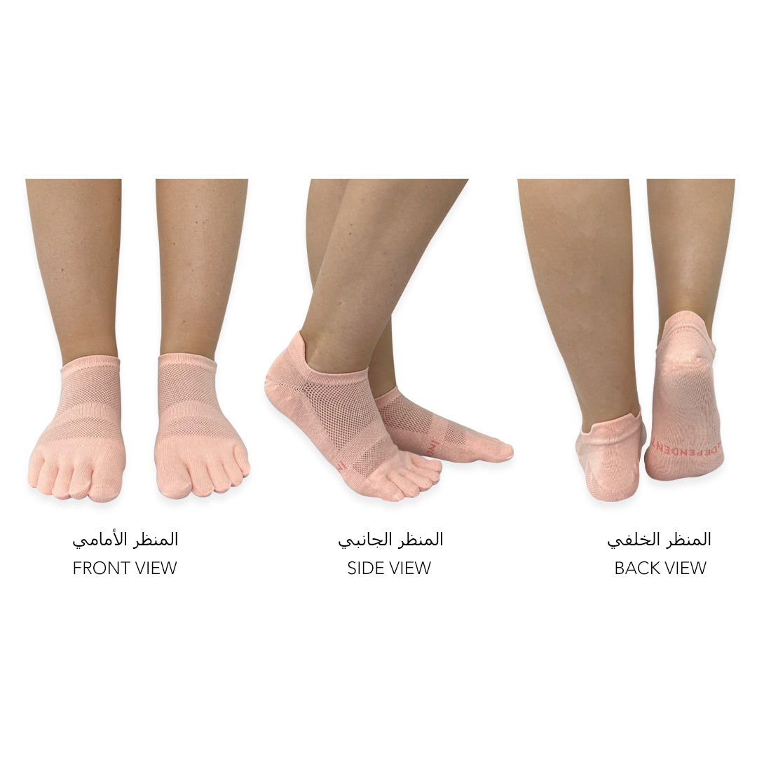 Pink no-show toe socks worn to reduce friction and moisture