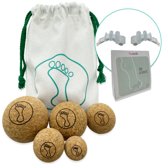Plantar fasciitis foot pain relief set with cork massage foot ball and silicone toe aligners